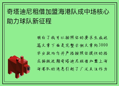 奇塔迪尼租借加盟海港队成中场核心助力球队新征程 奇塔迪尼租借加盟海港队成中场核心助力球队新征程
